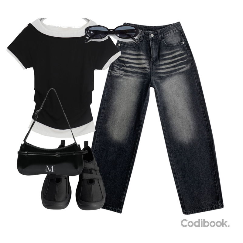 DAILYJOU 레븐 선글라스,JASMINBELL 리나 색감깡패 Y2K 빈티지 유니크 캣워싱 하이웨스트 롱와이드 바지 데님팬츠 빅사이즈 남녀공용 하비추천 사계절 데님청바지,Qnigirls 사푸#더블스트랩라운드스니커즈등을 매치한 코디