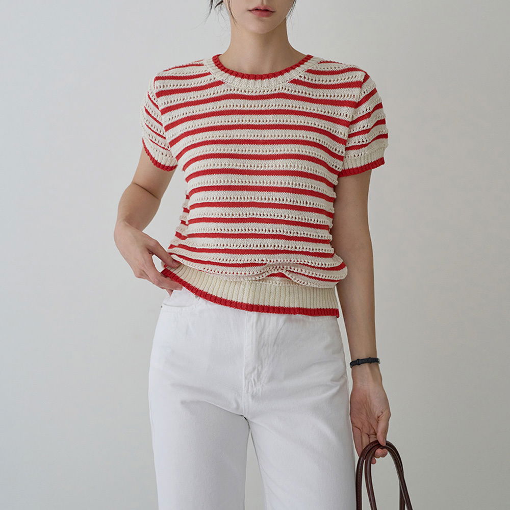Heniben color block stripe punching round 1/2 knit