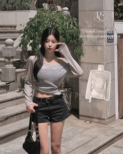 Round neck off-shoulder string shirring uneven cut see-through mesh knitwear vacation look long-sleeved knit