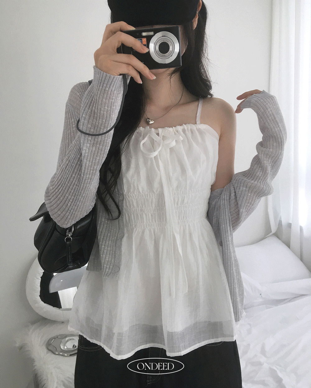 方領蝴蝶結抓褶綁帶可調節無袖上衣