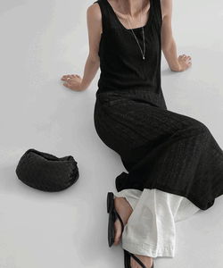 U領疊層亞麻針織長版洋裝