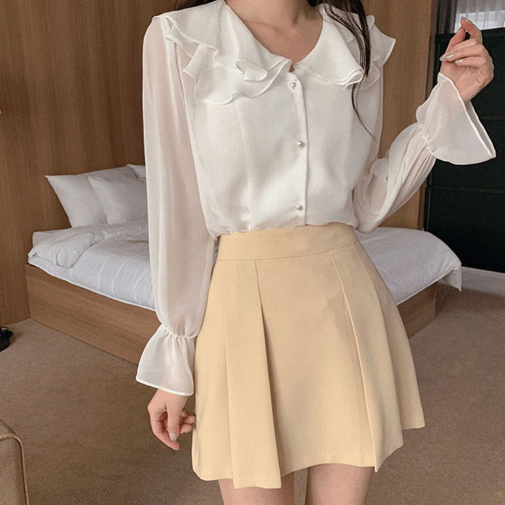Double collar see-through ruffle blouse