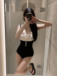 Beach Color Block Ribbon Shirring Frill Monokini Swimsuit