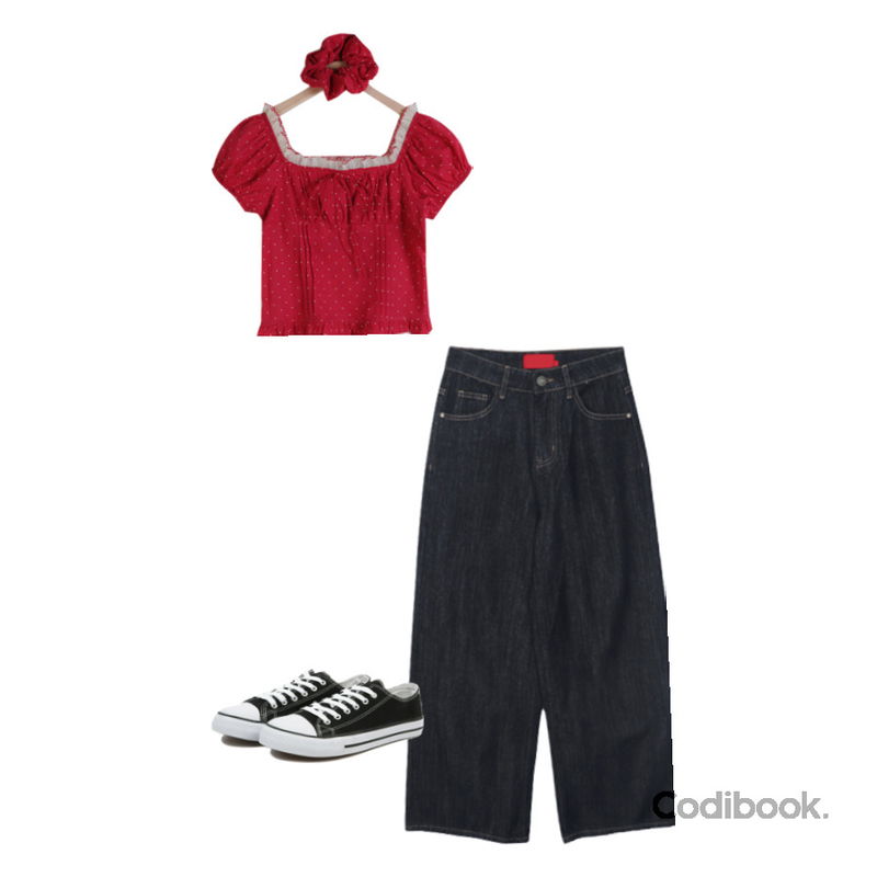 VANHECER 베이직 캔버스 스니커즈 S#JI060,dangosister 헤어슈슈도트블라우스SET(3c),ondeed 투이 백포켓 생지 세미 와이드 데님 팬츠등을 매치한 코디