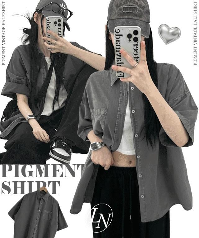 *Long sleeve added pigment vintage overfit short sleeve shirt (Ships Today)