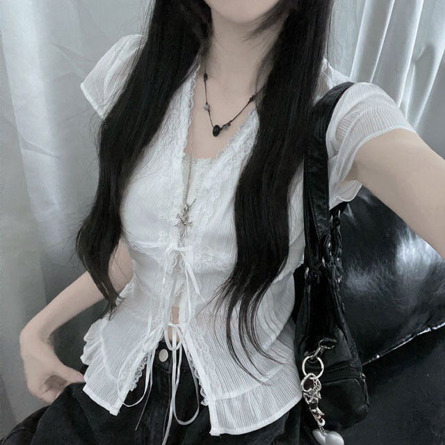 Uniribbon lace pin tuck frill cardigan short sleeve blouse