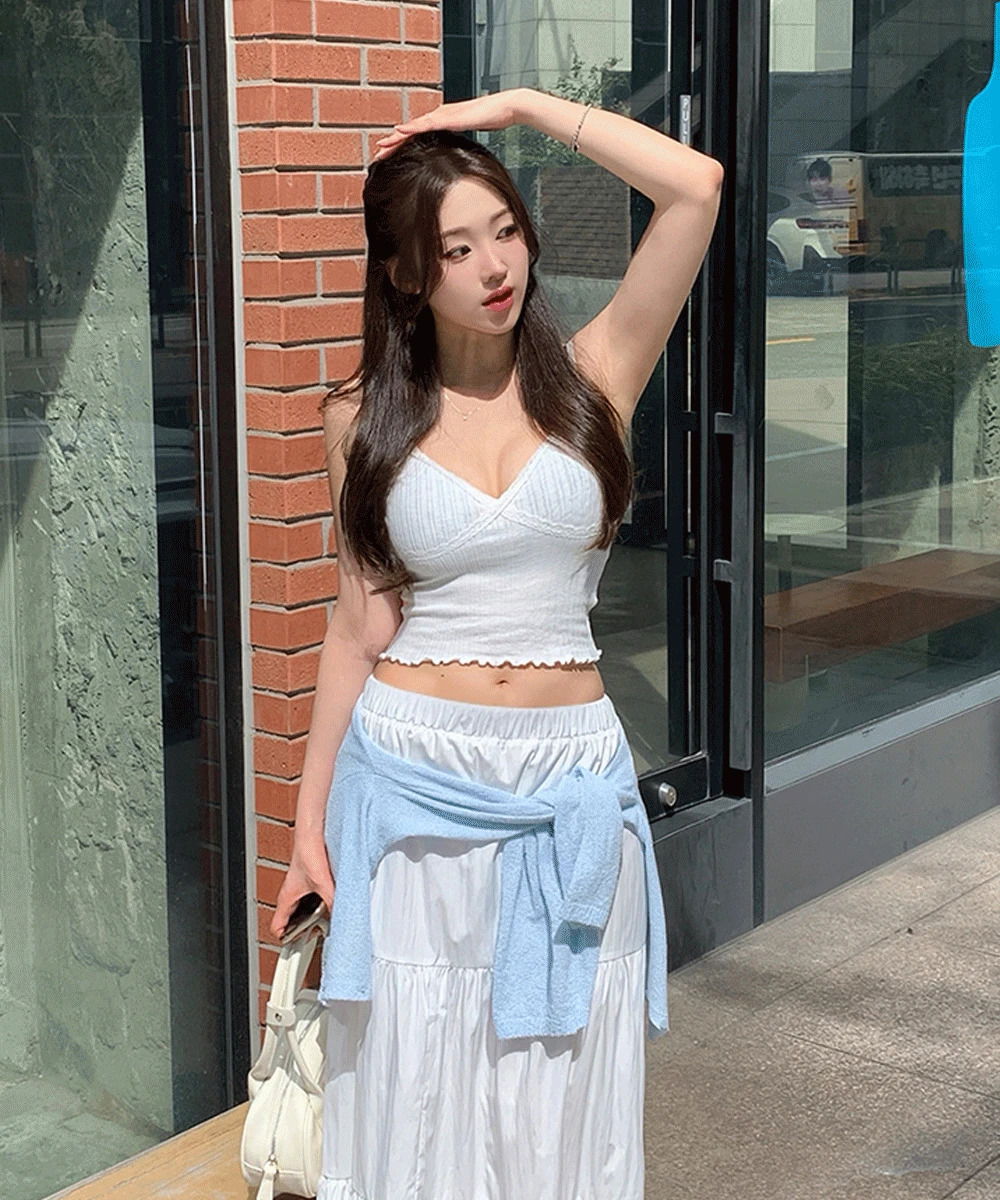 緊身彈性蕾絲V領短版背心