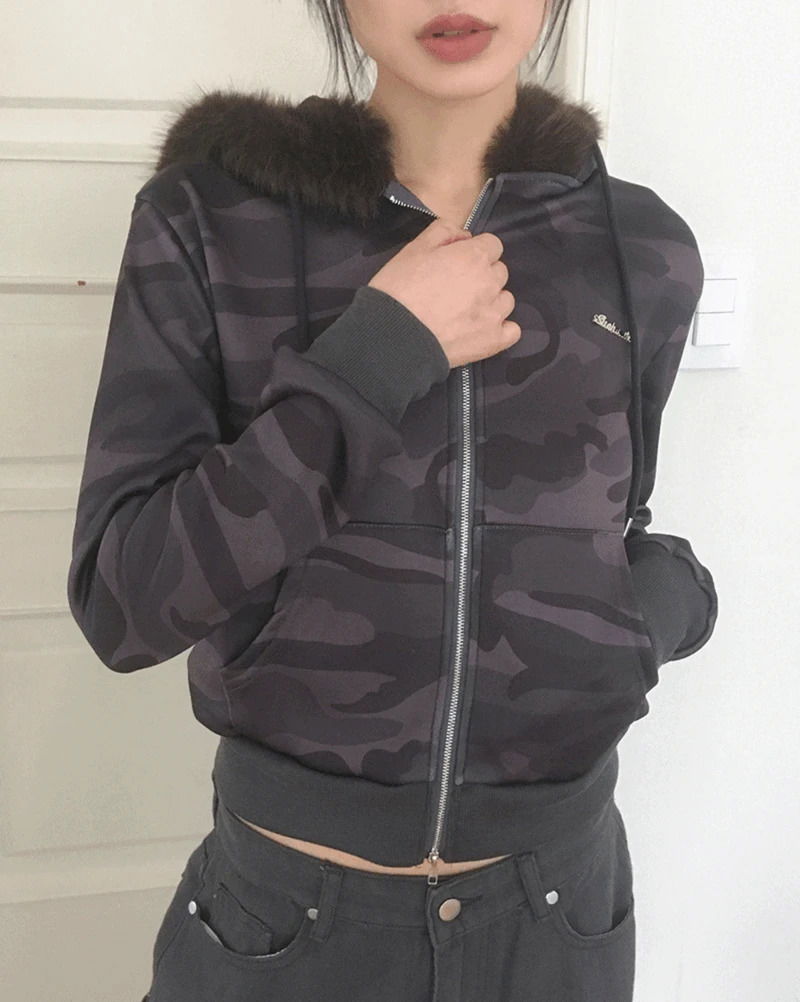 Racquel Camo Military Fur Two Way Hooded Zip-Up