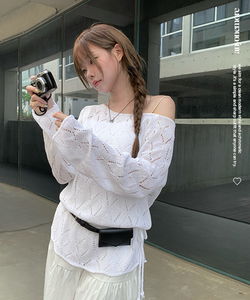 Dig Boat Neck Strap Off-the-Shoulder Mesh Knitwear