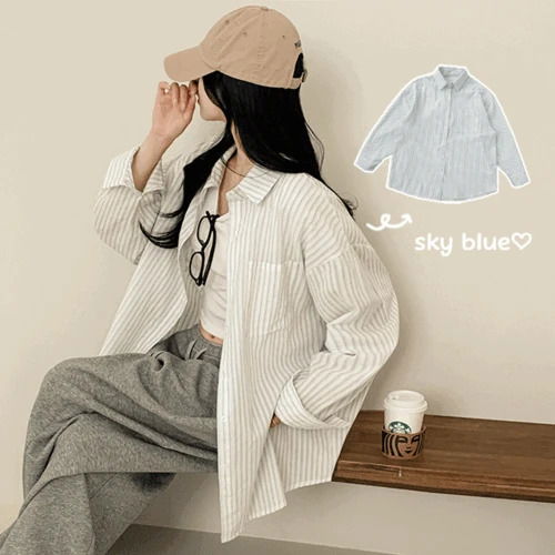 Roselle Collar Stripe Overfit Long Sleeve Shirt, Shirt
