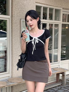 ローラキャップスリーブリボン配色半袖Tシャツ