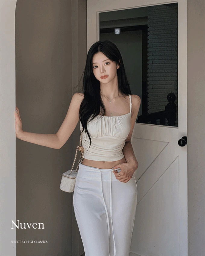 Nuben square neck padded shirring banding strap silicone anti-slip summer crop strap sleeveless 無袖