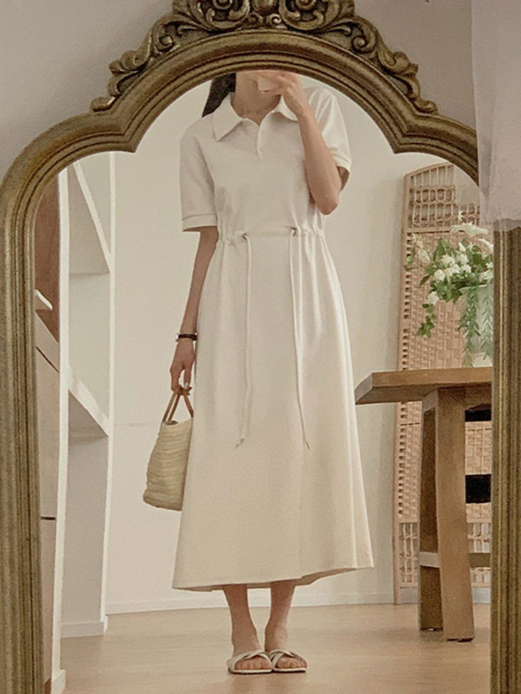 Currenf collar neck waist string long short sleeve one Dress