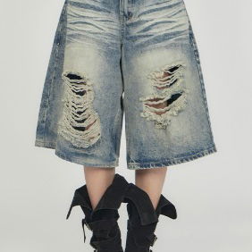 Cat Washing Vintage Damage Bermuda Denim DE032