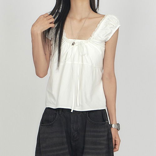 方領蕾絲綁帶澎袖襯衫SL015