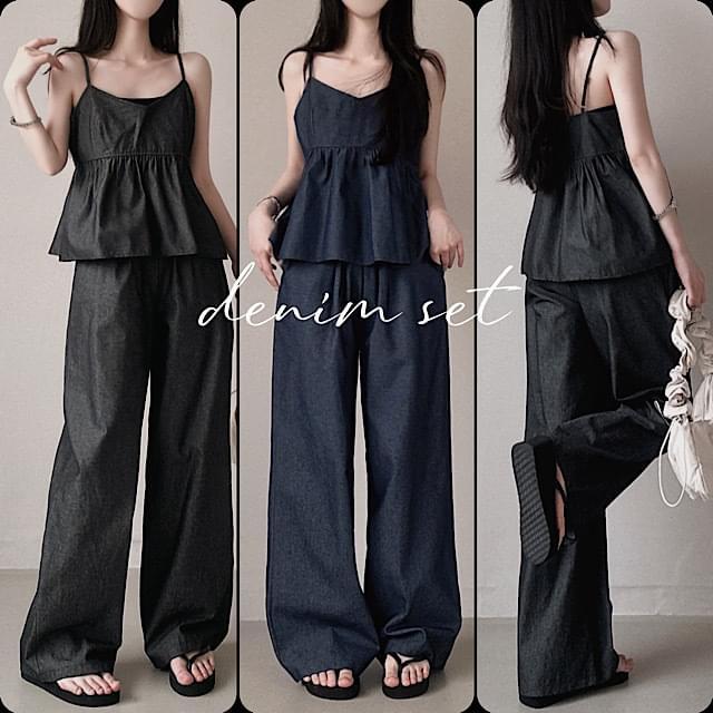 Raw denim flare sleeveless + wide denim pants two-piece set-up 2 colors (Ships Today)