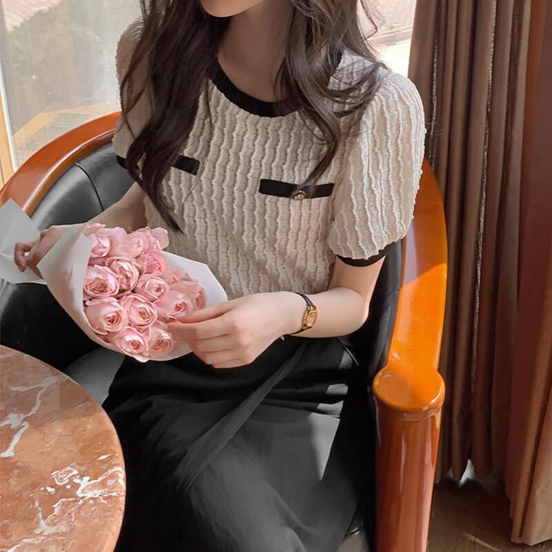 Enko tweed short sleeve blouse (Ships Today)