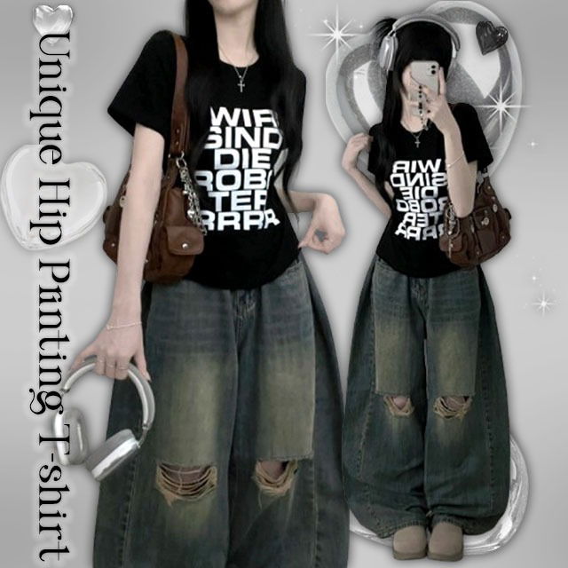 Dial lettering printing semi-crop short-sleeved T-shirt
