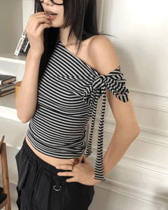 Kinble Slim Fit Striped Cap Sleeve Off-Shoulder T-Shirt