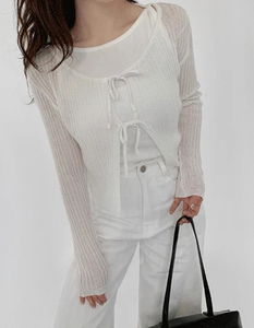 Double Ribbon Linen Round Knitwear Cardigan