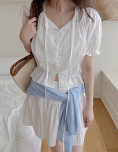 Ethnic Cotton 5 Short Sleeve Ribbon Banding Blouse