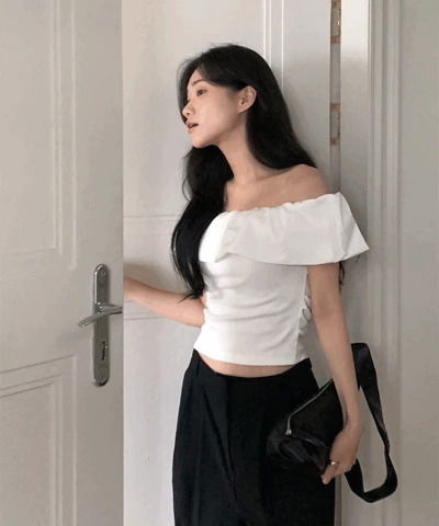 마룬 오프숄더 티 (셔링, 밴딩, 허리잘록핏)