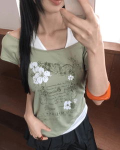 Tepin Flower Lettering Print Color Block Off-Shoulder Halter Neck Short Sleeve T-Shirt