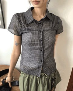 Noel Seersucker V-Neck Check Short-Sleeve Shirt