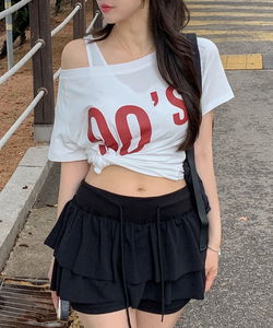 언발넥 래글런 프린팅 티셔츠