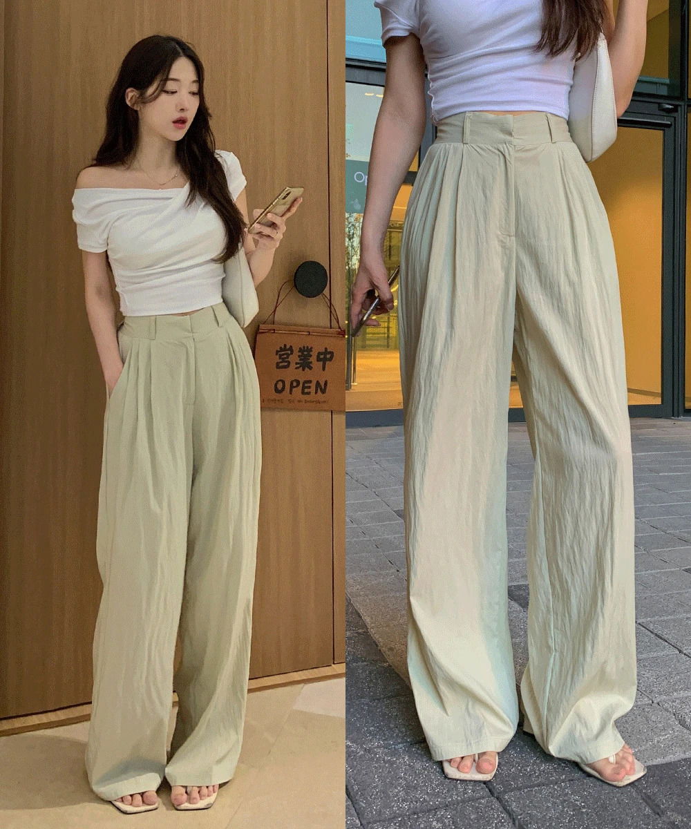 *숏&기본&롱* 기장선택 COOL 썸머 바스락 투 핀턱 와이드 슬랙스 하이웨스트 뒷밴딩 세미와이드 일자핏 팬츠 여름 썸머 냉감 냉장고 바지 키작녀 키큰녀
