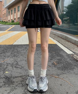 이중 프릴 캉캉 스커트팬츠 허리밴딩 스트랩 플레어 치마바지 미니스커트 숏팬츠 속바지 발레코어