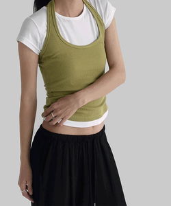 U型領素色緊身無袖背心