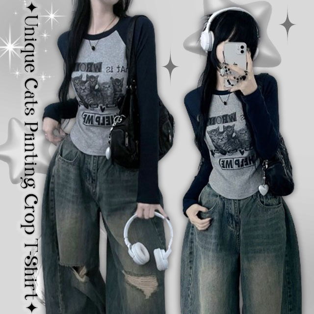 캣츠프린팅배색나그랑골지크롭긴팔티(4color)