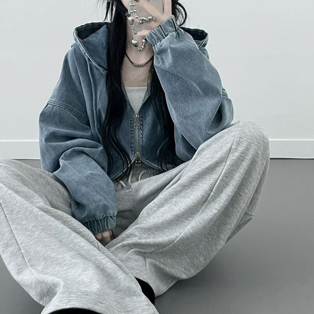 Hooded Faded Denim Banding Balloon Fit Two Way Jacket Jacket