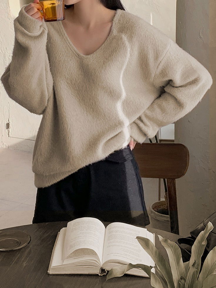 Beadbring Fur V-Neck Knitwear T-Shirt
