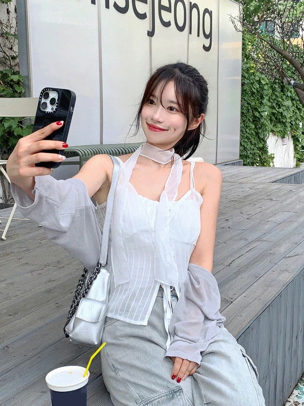 方領蕾絲薄紗長袖外套
