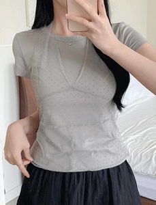 透視網紗拼接掛頸短袖上衣