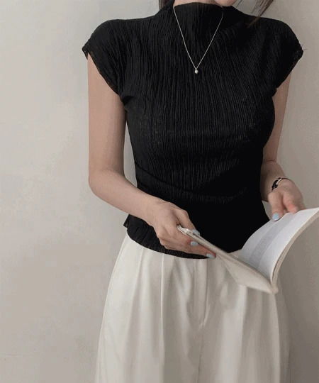 (출근룩/하객룩) 로헤르 여름 플리츠 반목 셔링 밑단 굴림 캡소매 반팔 티셔츠
