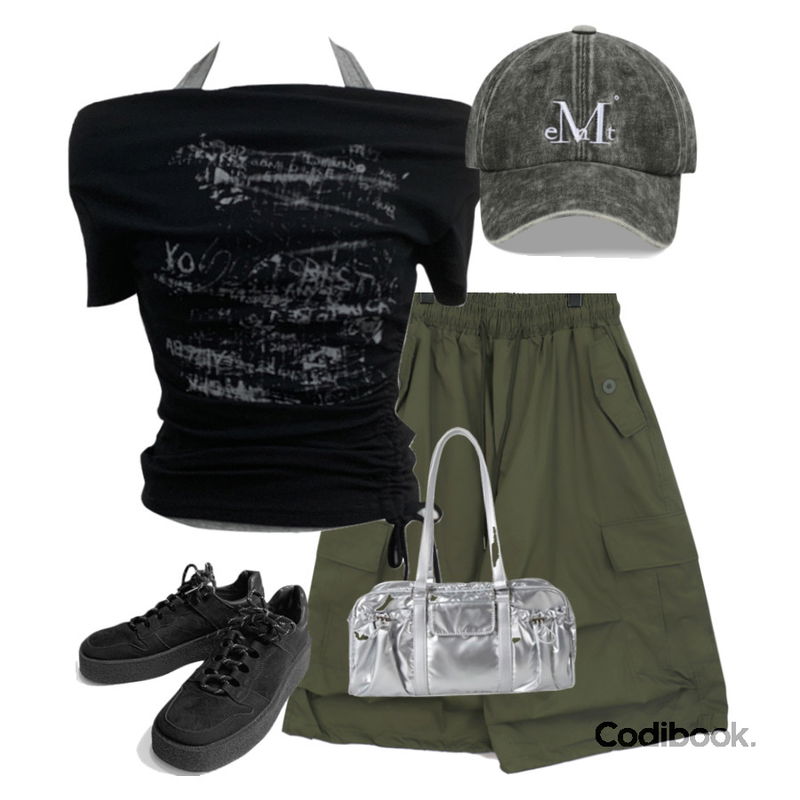 anyonemore 밴터 블랙 플랫폼 스니커즈 슈즈,VIVIC DIDI SHIRRING POCKET BOWLING BAG (6COLORS),wonderwonder 네요 투웨이 스트링 카고 버뮤다 팬츠등을 매치한 코디