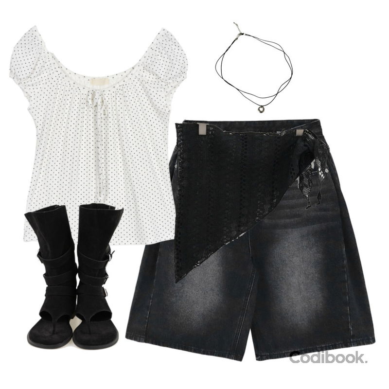 COLOR iN ID 바이커 하프 쪼리 부츠,J-BLIN 아킨 워싱 데님 사이드 핀턱 버뮤다 팬츠,DUGGY 더블 레이어 도넛 네크리스 (1color) *당일 발송 가능등을 매치한 코디