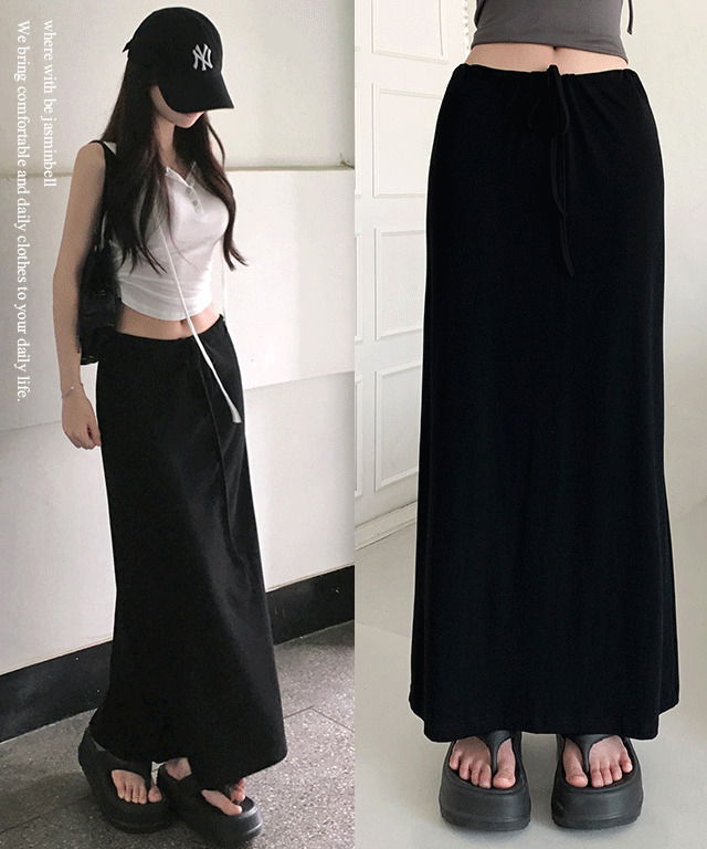 나르시 쫀쫀 스판 뒷 트임 스트링 롱 스커트 치마 트레이닝 H라인 찰랑 데일리 캐주얼 체형커버 하체커버 썸머룩/휴가룩/여름스커트