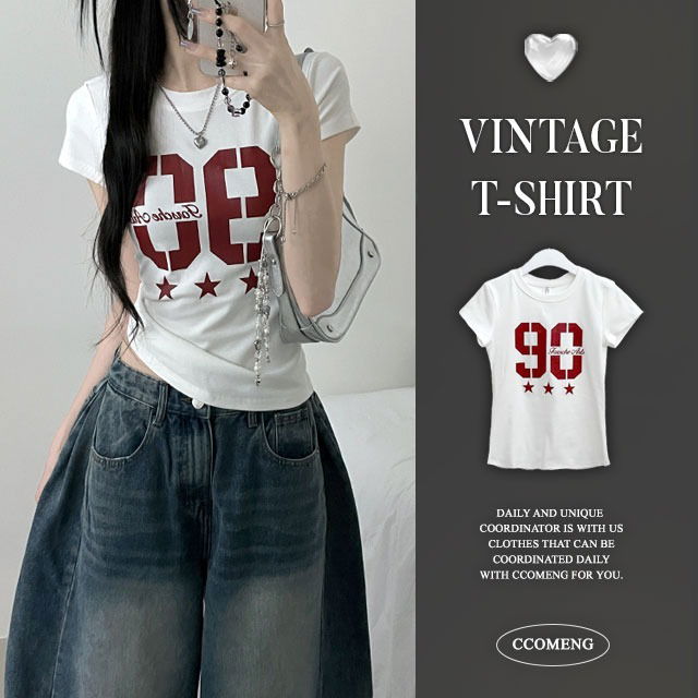 90 Star Printing Lettering Slim Fit Short Sleeve T-shirt