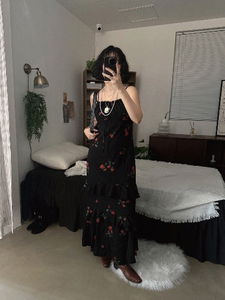 BLACK ROSE FRILL LONG DRESS