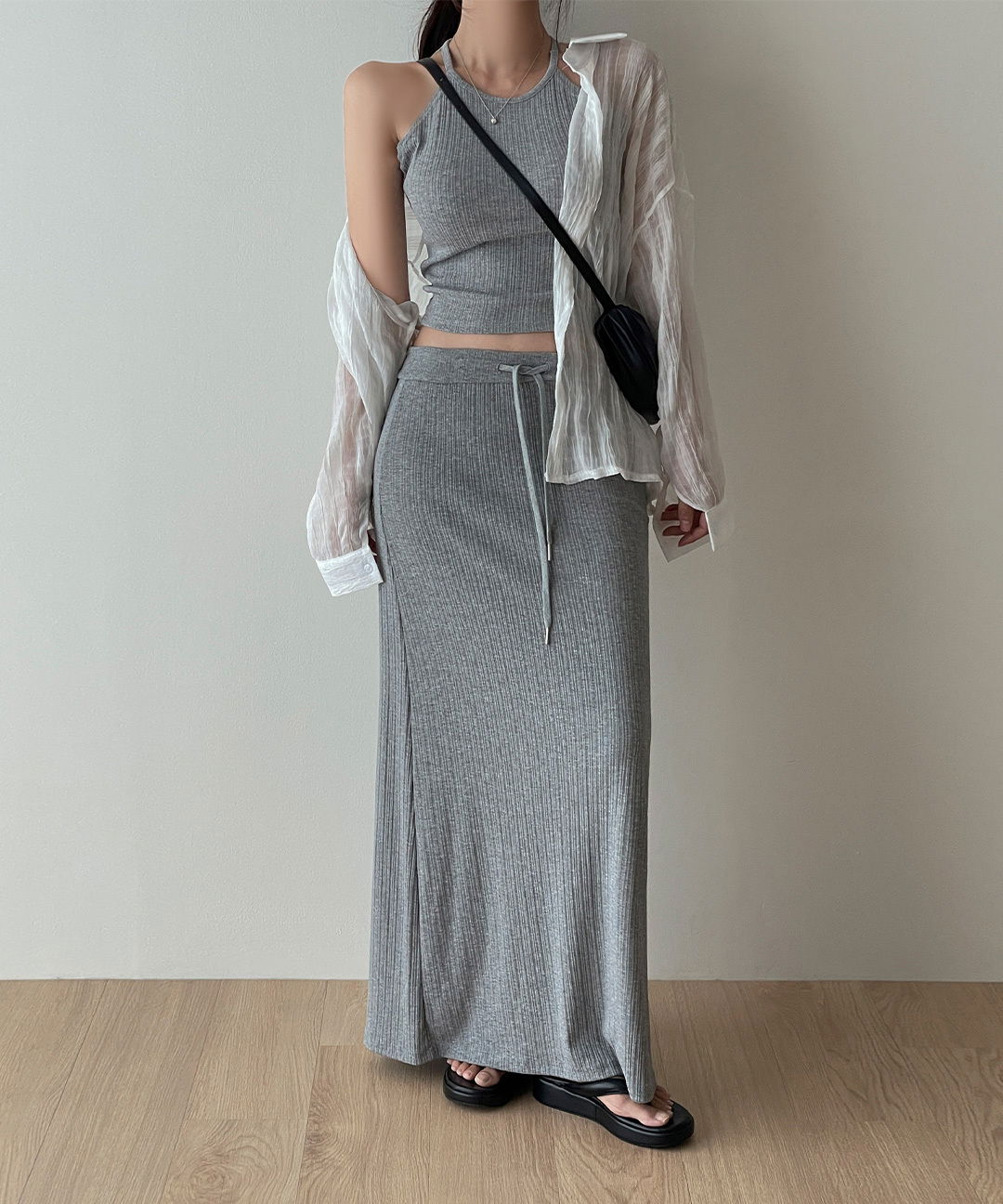 Enna Summer Halter Ribbed Sleeveless + Maxi Long Skirt Two-Piece Set