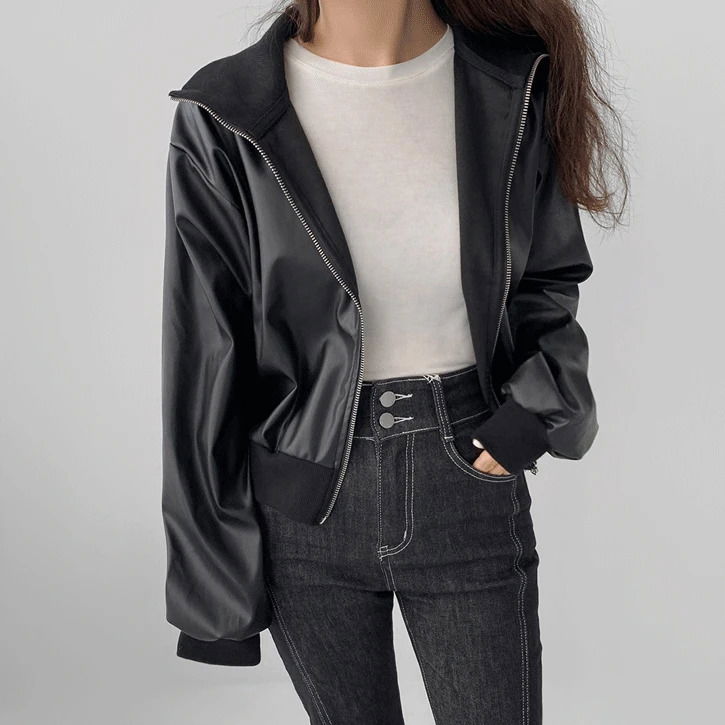Ribbed Leather Color Block Zip-up Jacket