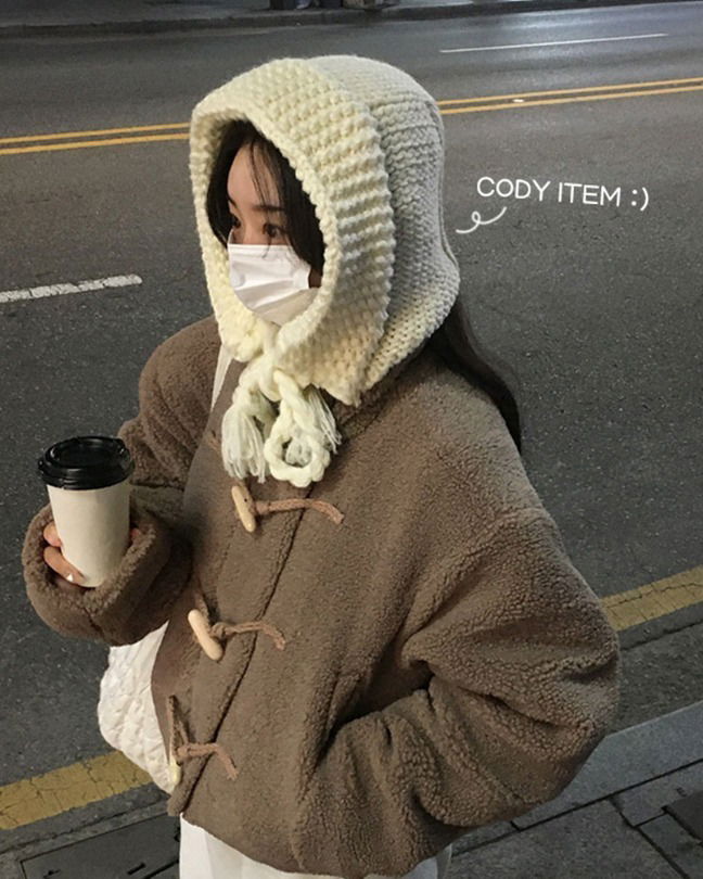 디토 꽈배기 후드 바라클라바 니트 모자