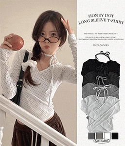 Honey Dot Ribbon Wrap Strap V-Neck Long Sleeve T-Shirt