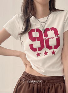 허리쏙, 빈티지룩 y2k 핏예쁜 스판 90 프린팅 쓰리스타 반크롭 반팔 스판 티셔츠 4color