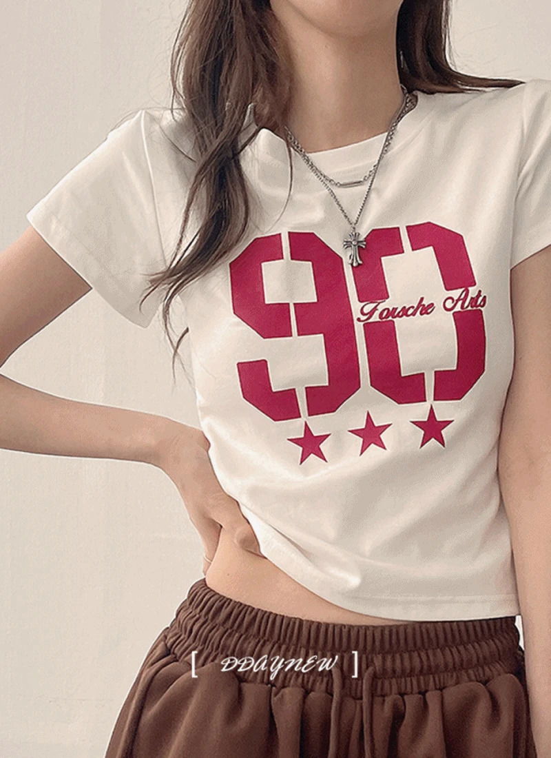 허리쏙, 빈티지룩 y2k 핏예쁜 스판 90 프린팅 쓰리스타 반크롭 반팔 스판 티셔츠 4color