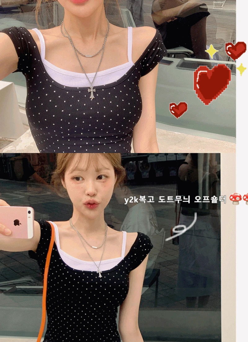 비즈도트반짝이 땡땡이 패턴 오프숄더 허리쏙 날씬핏 스판 반팔 티셔츠 2color